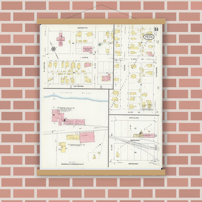 Old map wall art mockup — magnetic wood frame on brick wall — Sanborn Fire Insurance Map from Pekin, Tazewell County, Illinois (1909), Sheet #0014