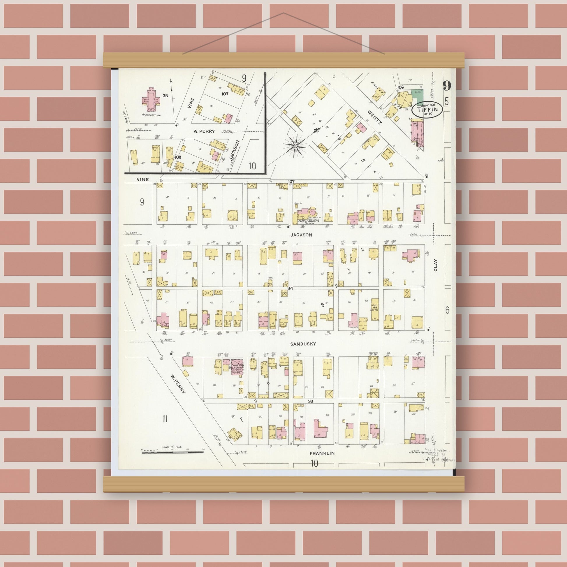 Old map wall art mockup — magnetic wood frame on brick wall — Sanborn Fire Insurance Map from Tiffin, Seneca County, Ohio (1908), Sheet #0009