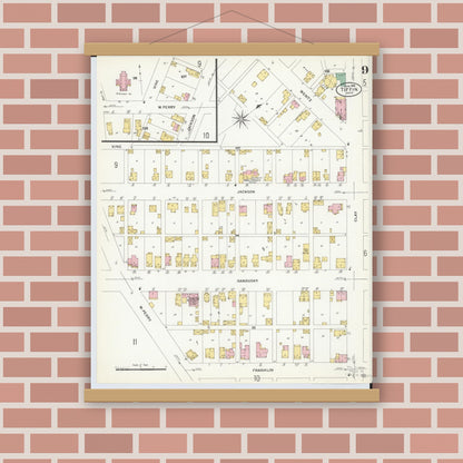 Old map wall art mockup — magnetic wood frame on brick wall — Sanborn Fire Insurance Map from Tiffin, Seneca County, Ohio (1908), Sheet #0009