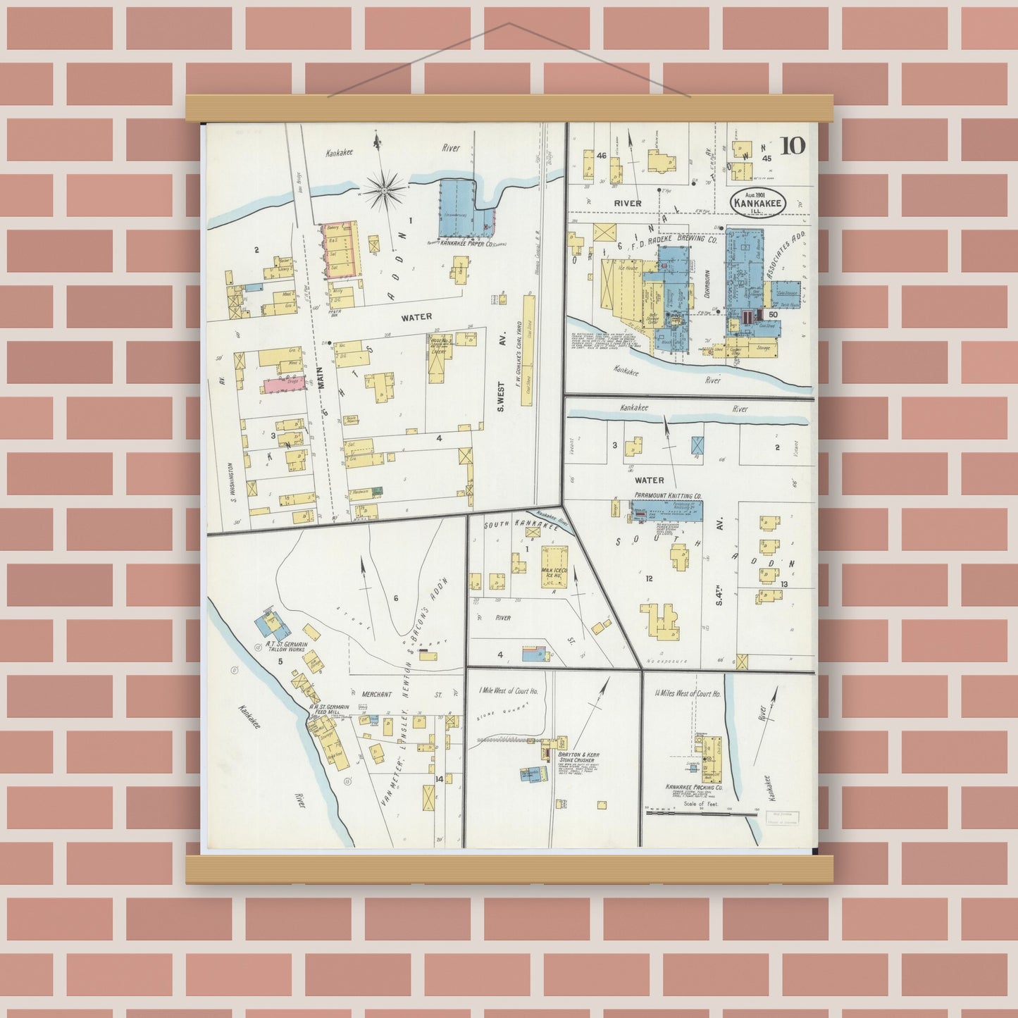 Old map wall art mockup — magnetic wood frame on brick wall — Sanborn Fire Insurance Map from Kankakee, Kankakee County, Illinois (1901), Sheet #0010