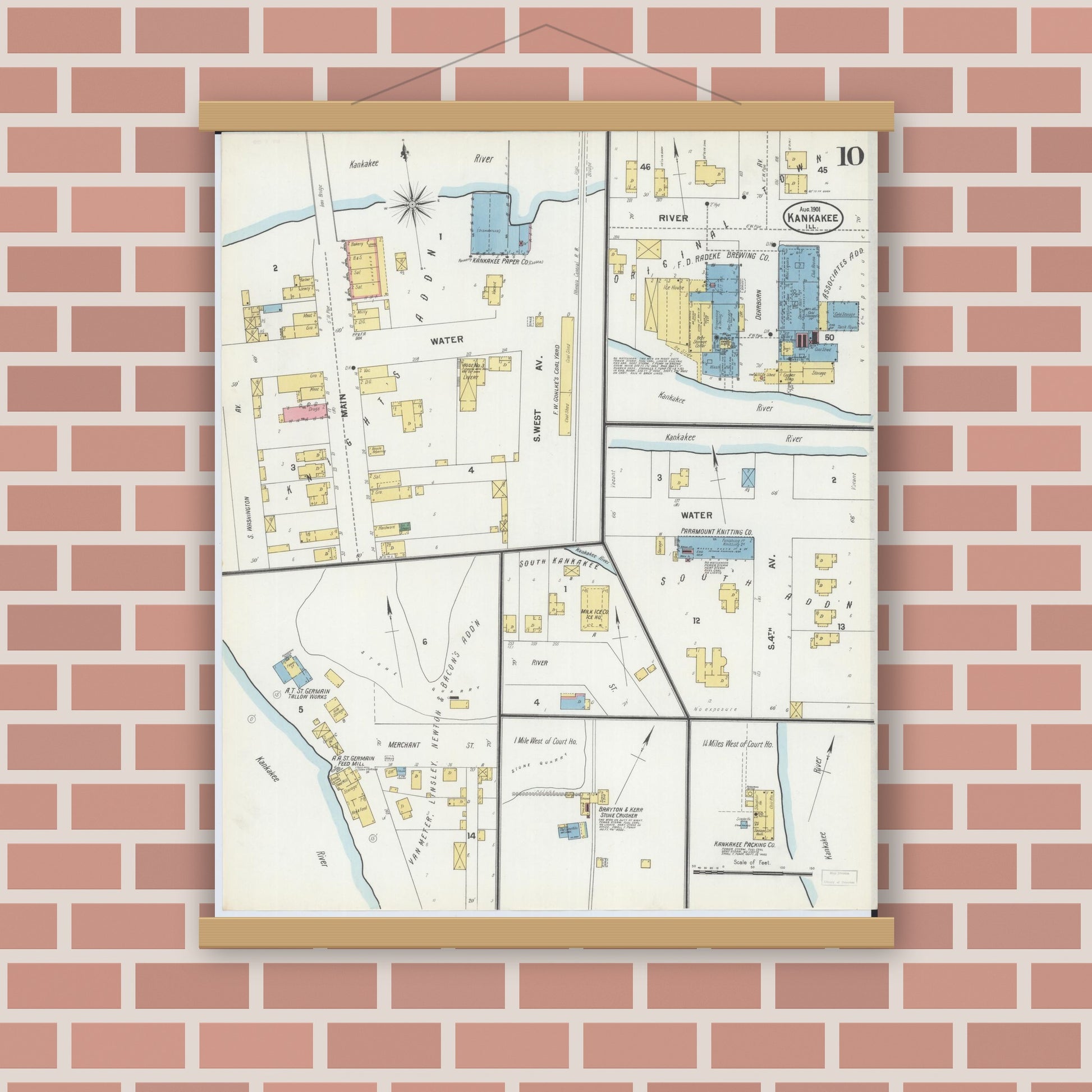 Old map wall art mockup — magnetic wood frame on brick wall — Sanborn Fire Insurance Map from Kankakee, Kankakee County, Illinois (1901), Sheet #0010