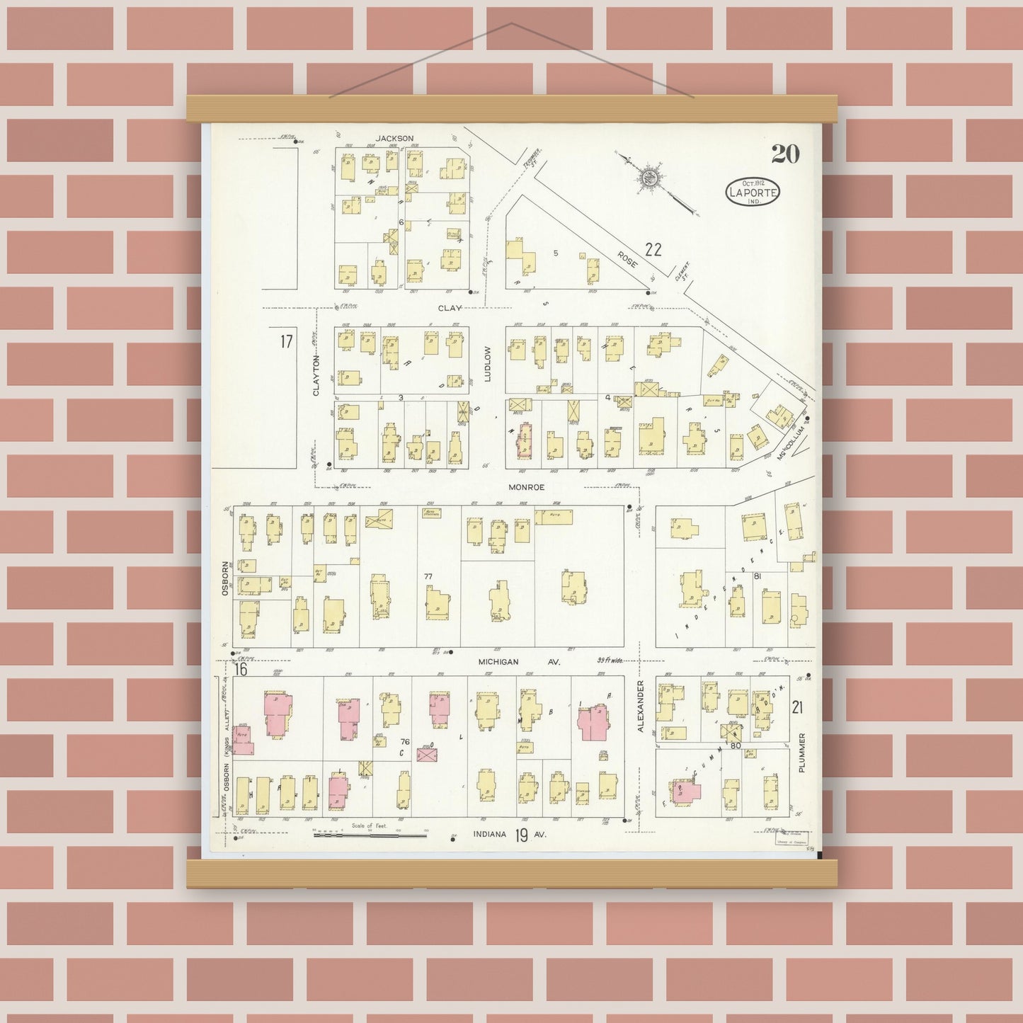 Old map wall art mockup — magnetic wood frame on brick wall — Sanborn Fire Insurance Map from La Porte, La Porte County, Indiana (1912), Sheet #0020