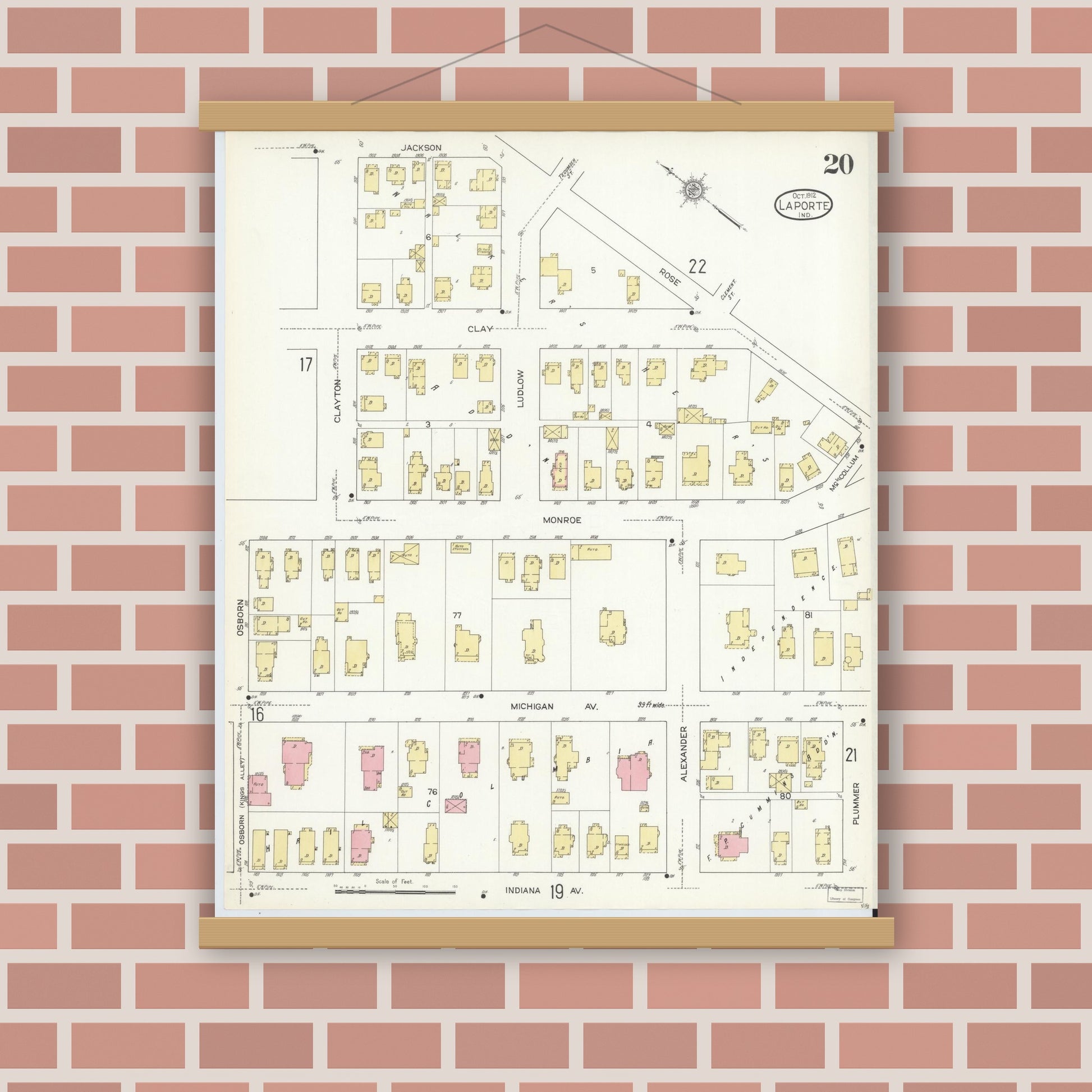 Old map wall art mockup — magnetic wood frame on brick wall — Sanborn Fire Insurance Map from La Porte, La Porte County, Indiana (1912), Sheet #0020