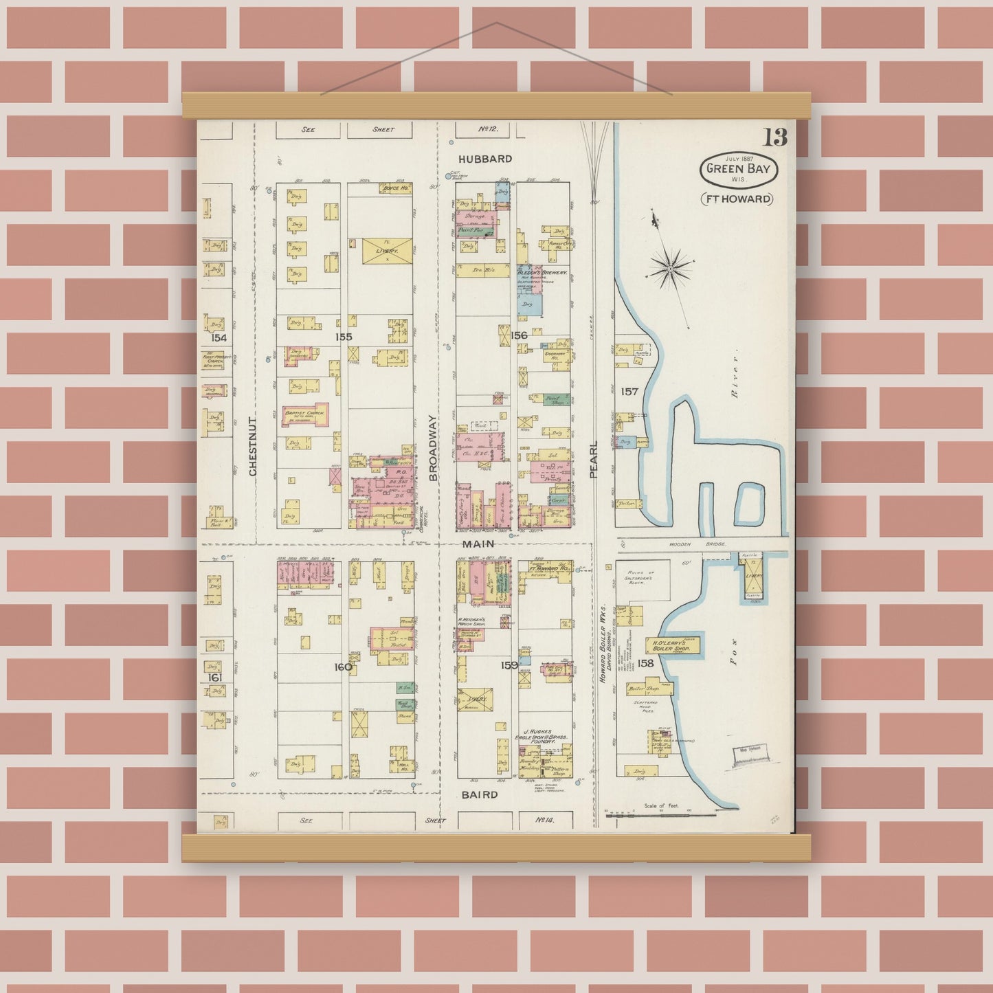 Old map wall art mockup — magnetic wood frame on brick wall — Sanborn Fire Insurance Map from Green Bay, Brown County, Wisconsin (1887), Sheet #0013