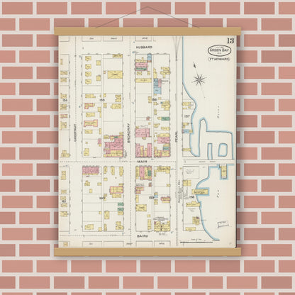 Old map wall art mockup — magnetic wood frame on brick wall — Sanborn Fire Insurance Map from Green Bay, Brown County, Wisconsin (1887), Sheet #0013