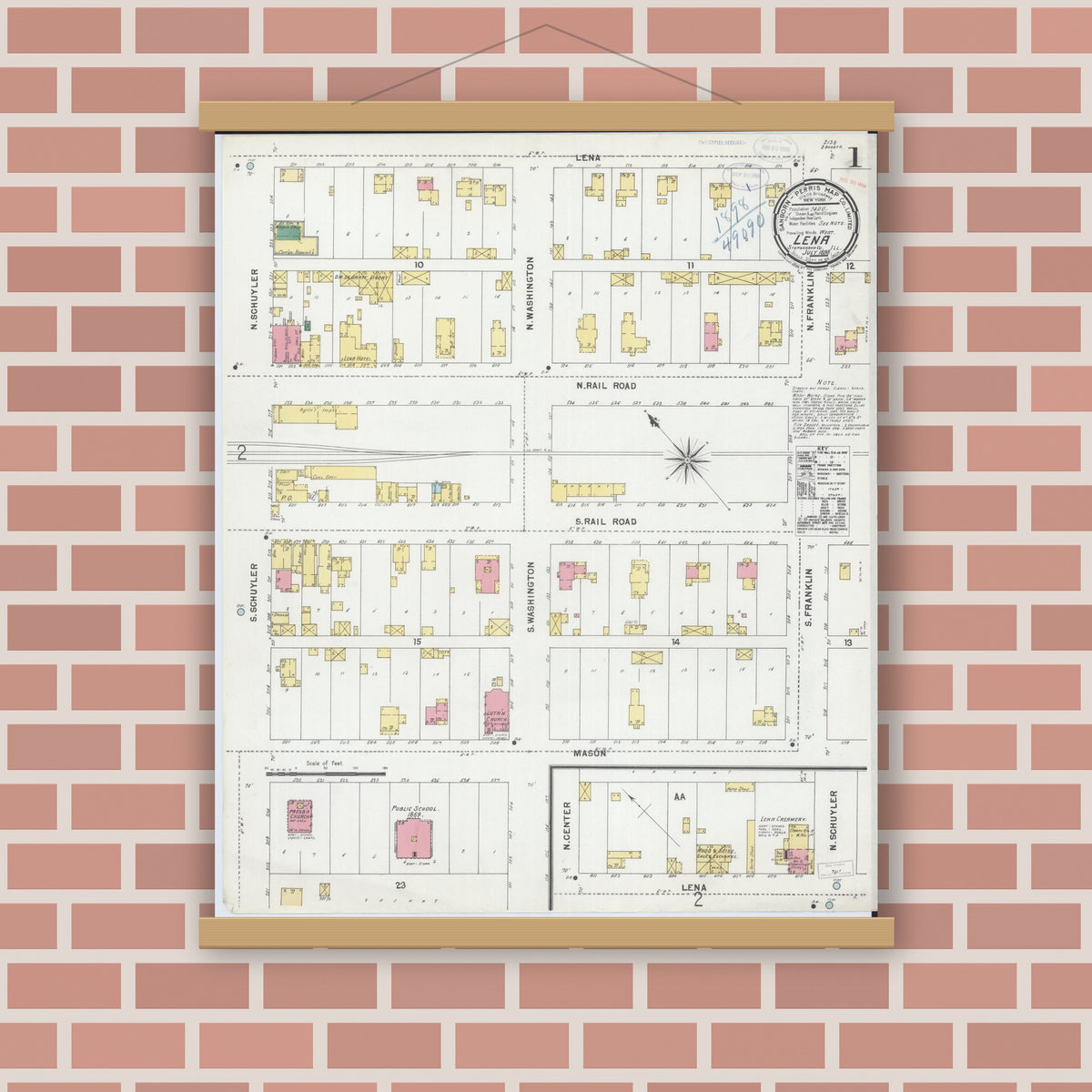 Old map wall art mockup — magnetic wood frame on brick wall — Sanborn Fire Insurance Map from Lena, Stephenson County, Illinois (1898) - Complete Map Set