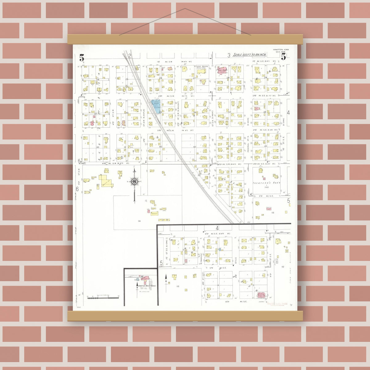 Old map wall art mockup — magnetic wood frame on brick wall — Sanborn Fire Insurance Map from Hampton, Franklin County, Iowa (1938), Sheet #0005