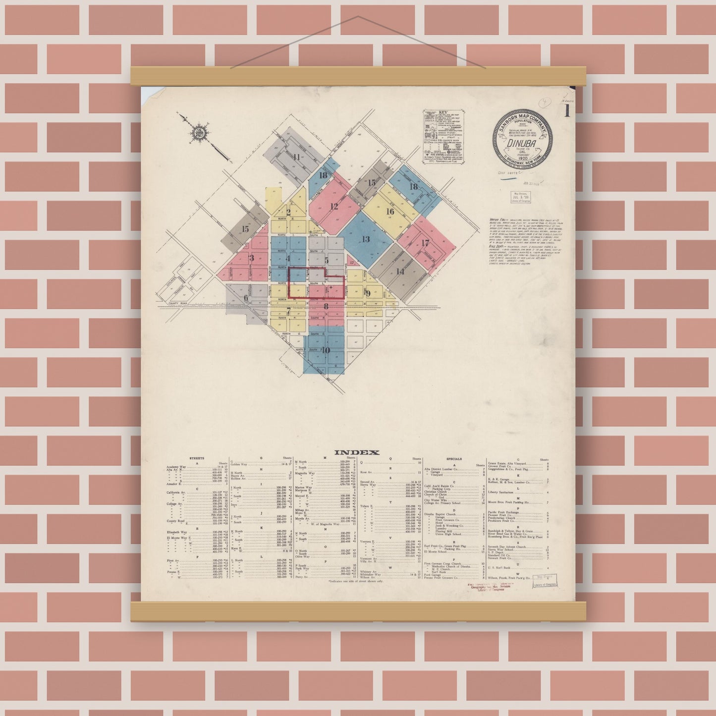 Old map wall art mockup — magnetic wood frame on brick wall — Sanborn Fire Insurance Map from Dinuba, Tulare County, California (1920) - Complete Map Set