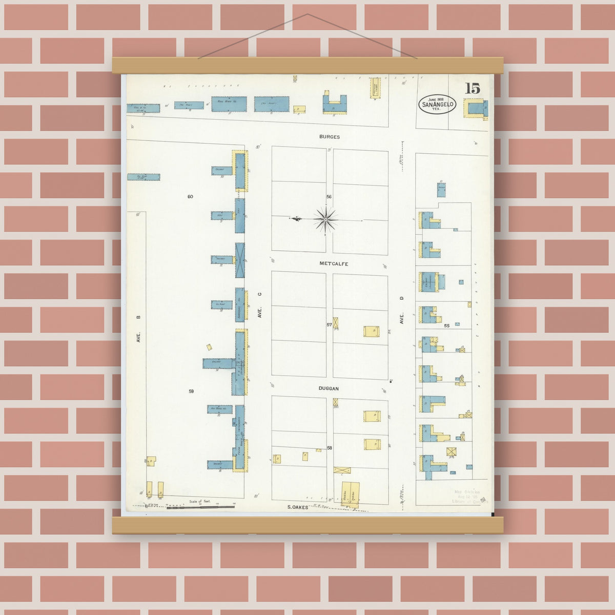 Old map wall art mockup — magnetic wood frame on brick wall — Sanborn Fire Insurance Map from San Angelo, Tom Green County, Texas (1908), Sheet #0015