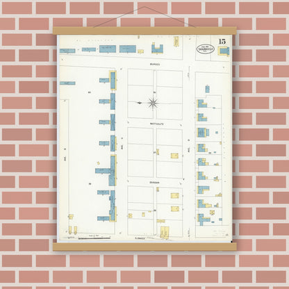 Old map wall art mockup — magnetic wood frame on brick wall — Sanborn Fire Insurance Map from San Angelo, Tom Green County, Texas (1908), Sheet #0015