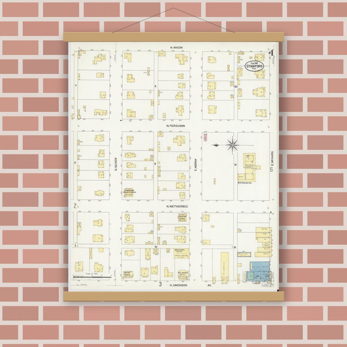 Old map wall art mockup — magnetic wood frame on brick wall — Sanborn Fire Insurance Map from Stamford, Jones County, Texas (1908), Sheet #0004