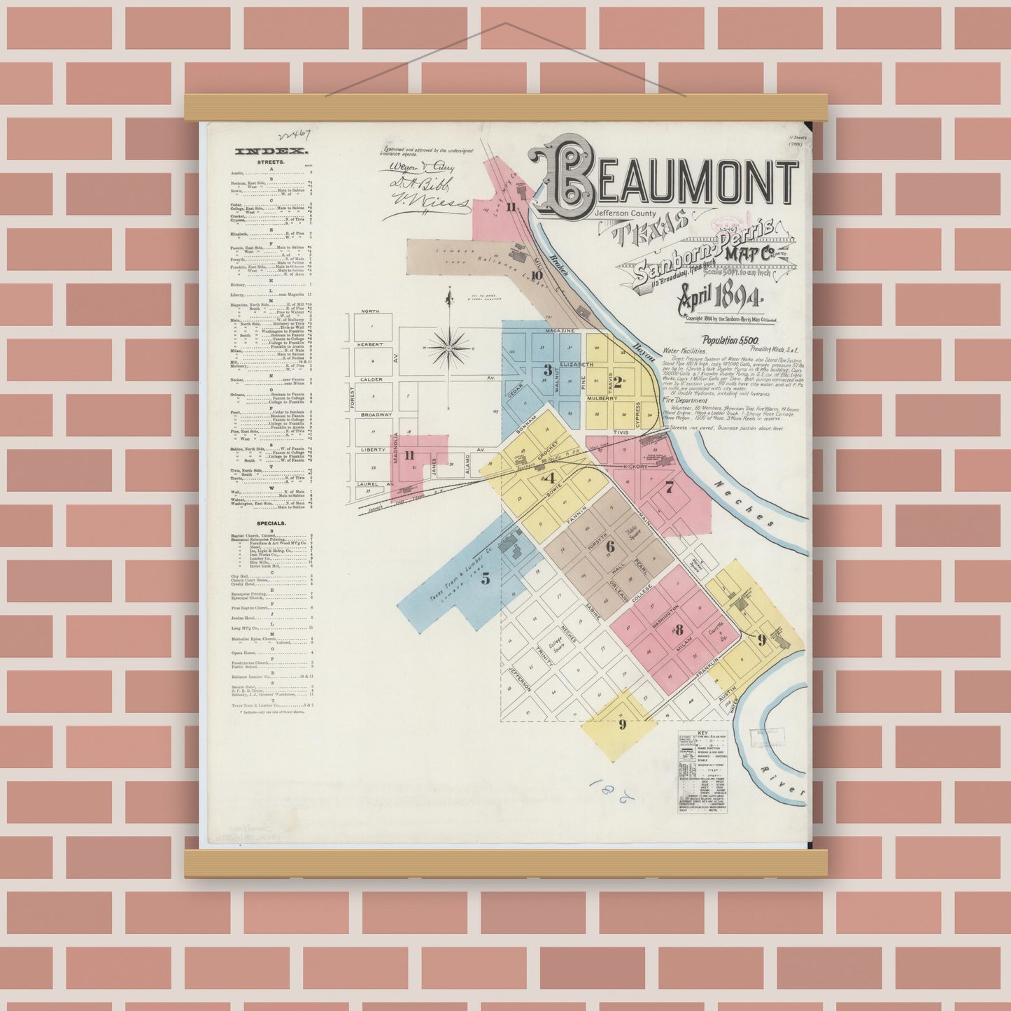Old map wall art mockup — magnetic wood frame on brick wall — Sanborn Fire Insurance Map from Beaumont, Jefferson County, Texas (1894) - Complete Map Set