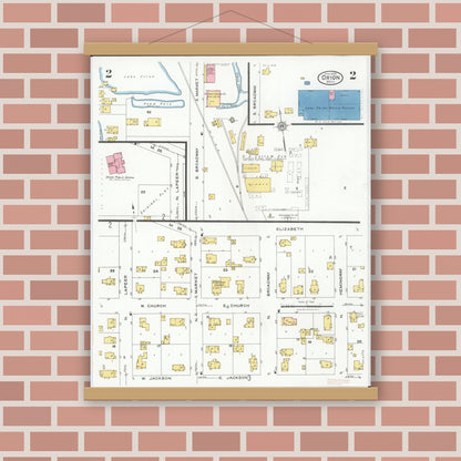 Old map wall art mockup — magnetic wood frame on brick wall — Sanborn Fire Insurance Map from Orion, Oakland County, Michigan (1926), Sheet #0002