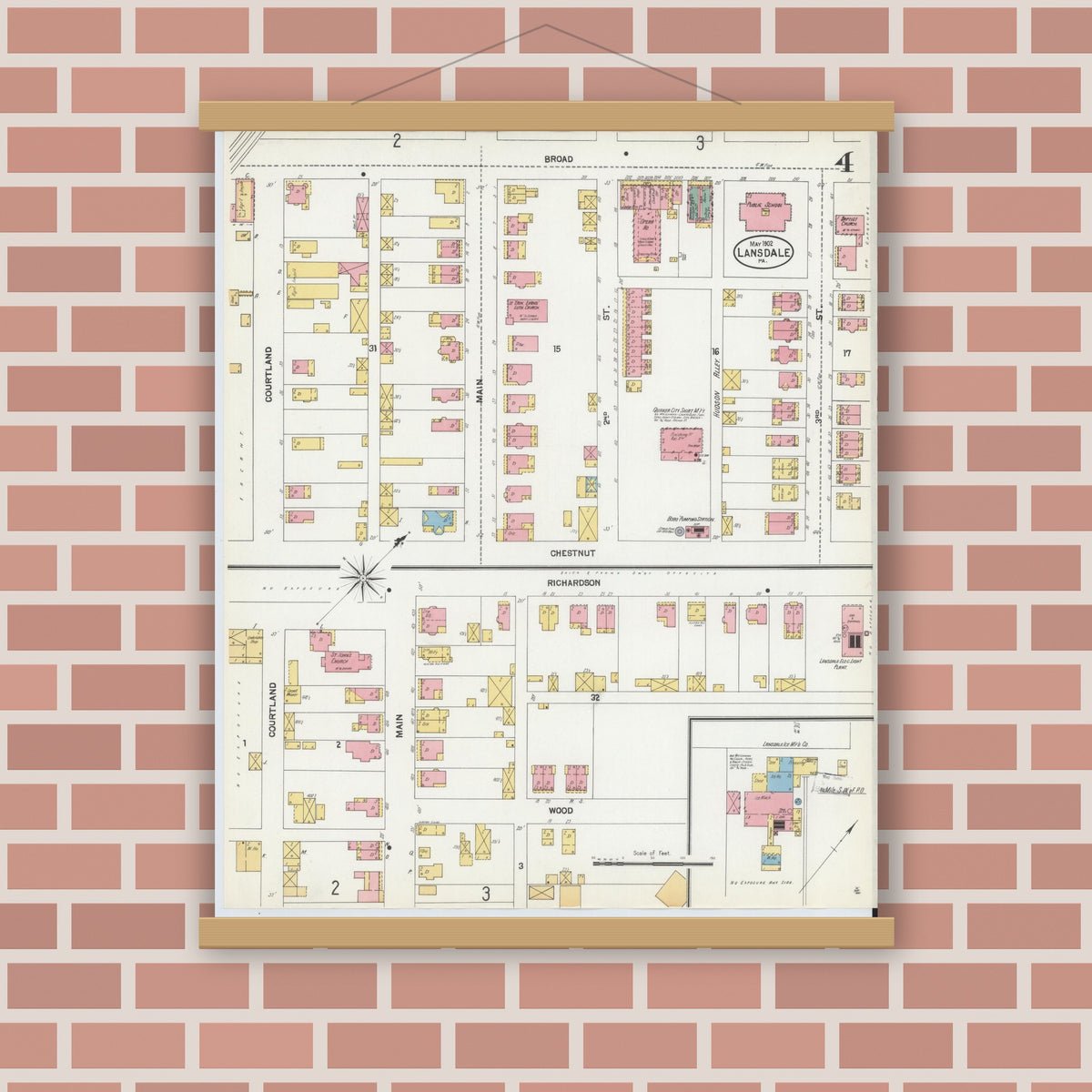 Old map wall art mockup — magnetic wood frame on brick wall — Sanborn Fire Insurance Map from Lansdale, Montgomery County, Pennsylvania (1902), Sheet #0004