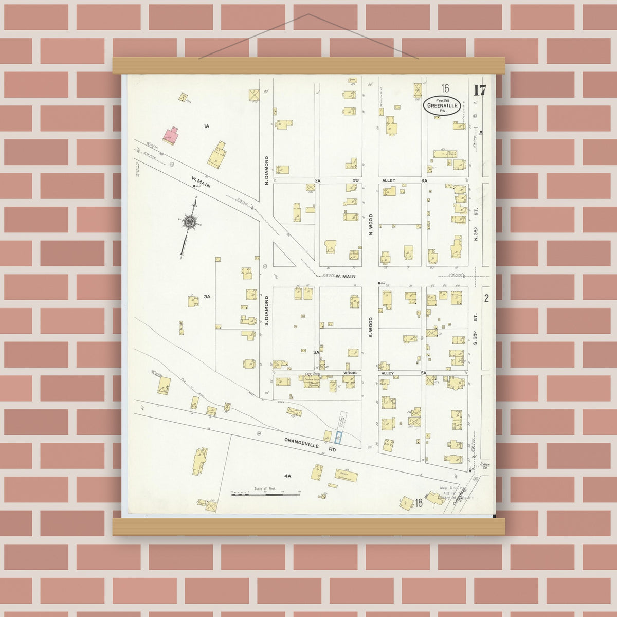 Old map wall art mockup — magnetic wood frame on brick wall — Sanborn Fire Insurance Map from Greenville, Mercer County, Pennsylvania (1911), Sheet #0017