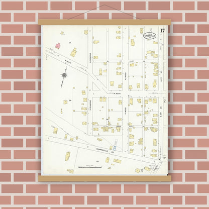 Old map wall art mockup — magnetic wood frame on brick wall — Sanborn Fire Insurance Map from Greenville, Mercer County, Pennsylvania (1911), Sheet #0017