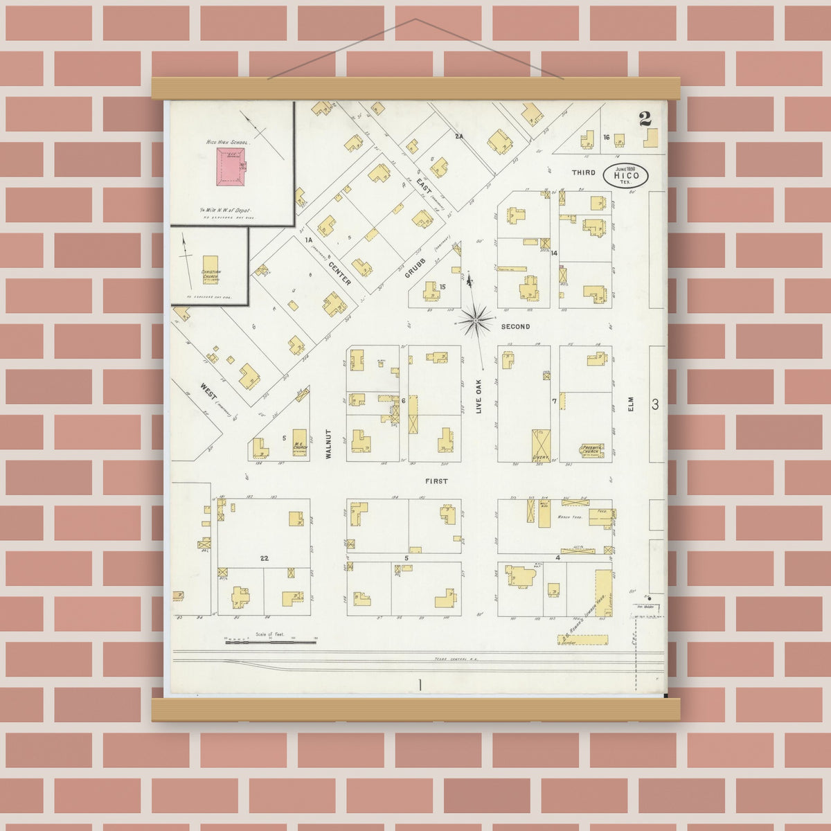 Old map wall art mockup — magnetic wood frame on brick wall — Sanborn Fire Insurance Map from Hico, Hamilton County, Texas (1898), Sheet #0002