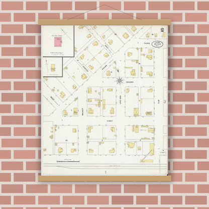 Old map wall art mockup — magnetic wood frame on brick wall — Sanborn Fire Insurance Map from Hico, Hamilton County, Texas (1898), Sheet #0002
