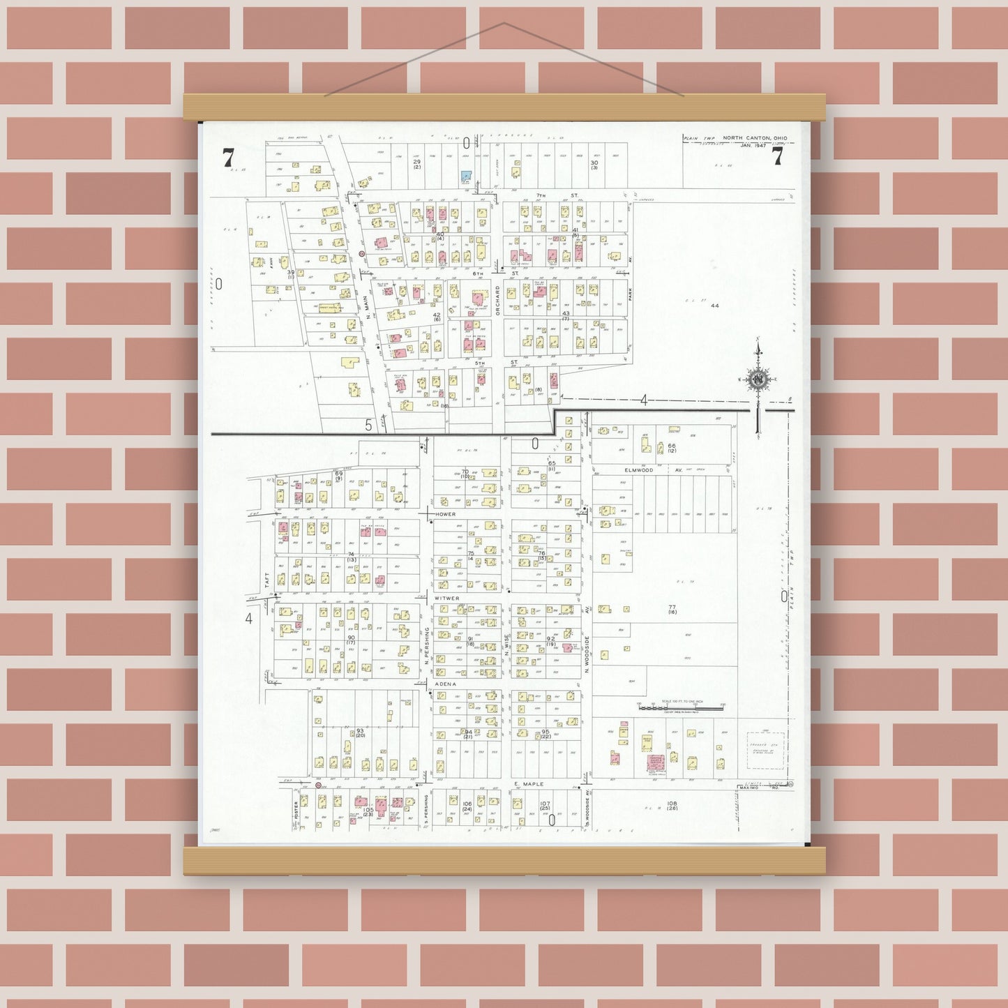 Old map wall art mockup — magnetic wood frame on brick wall — Sanborn Fire Insurance Map from North Canton, Stark County, Ohio (1948), Sheet #0007