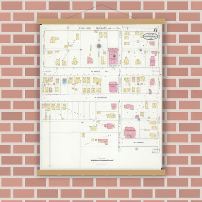 Old map wall art mockup — magnetic wood frame on brick wall — Sanborn Fire Insurance Map from Independence, Jackson County, Missouri (1916), Sheet #0006