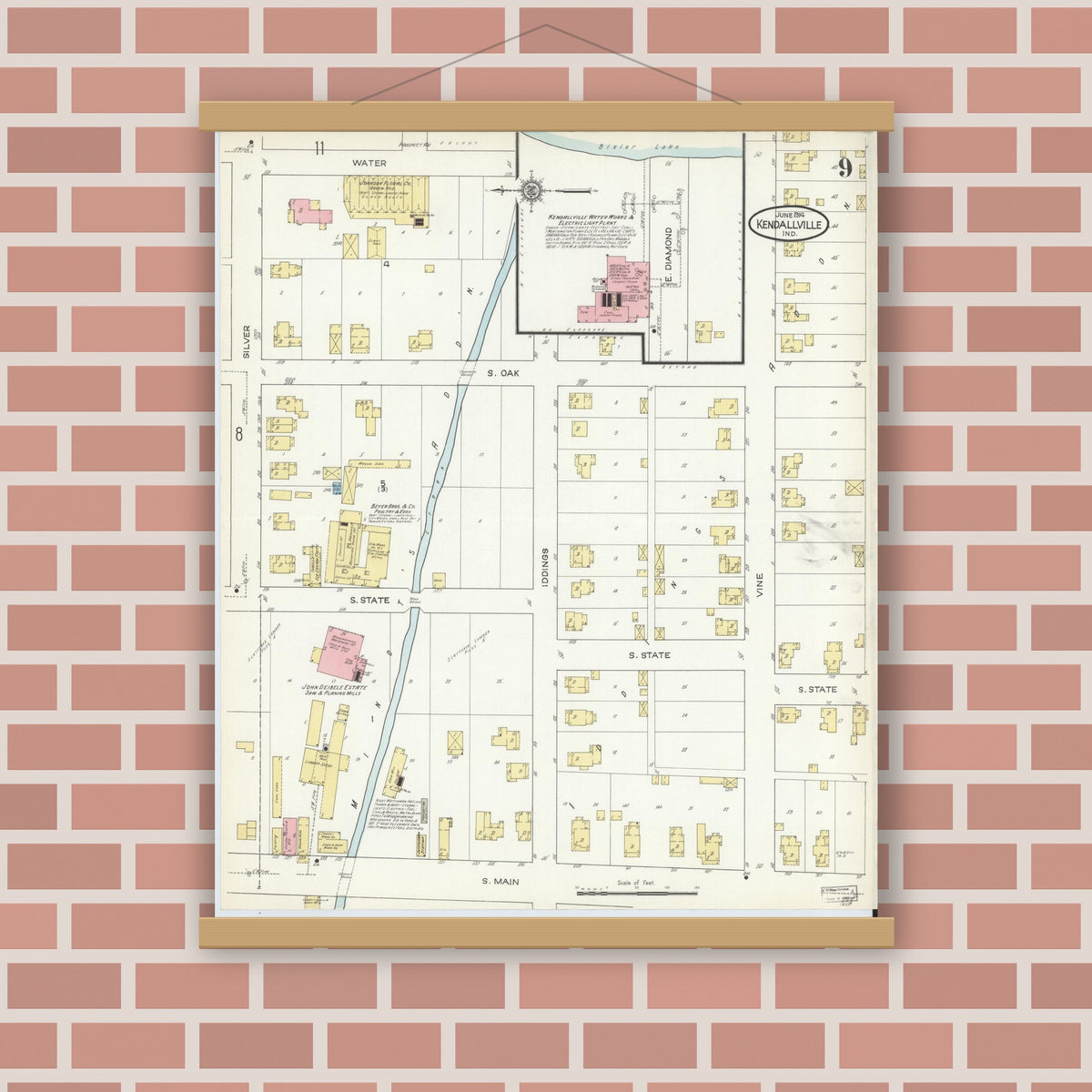 Old map wall art mockup — magnetic wood frame on brick wall — Sanborn Fire Insurance Map from Kendallville, Noble County, Indiana (1914), Sheet #0009