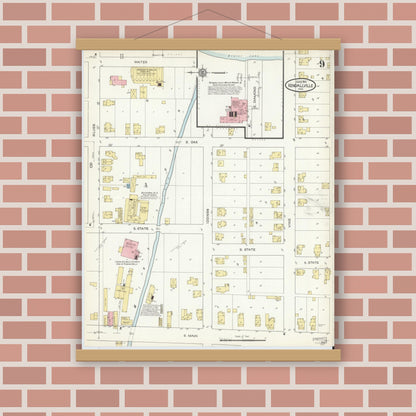 Old map wall art mockup — magnetic wood frame on brick wall — Sanborn Fire Insurance Map from Kendallville, Noble County, Indiana (1914), Sheet #0009