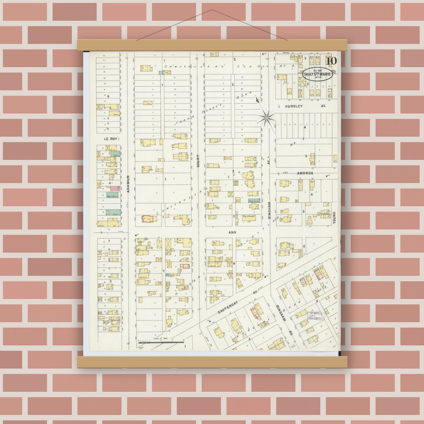 Old map wall art mockup — magnetic wood frame on brick wall — Sanborn Fire Insurance Map from Sault Sainte Marie, Chippewa County, Michigan (1897), Sheet #0010