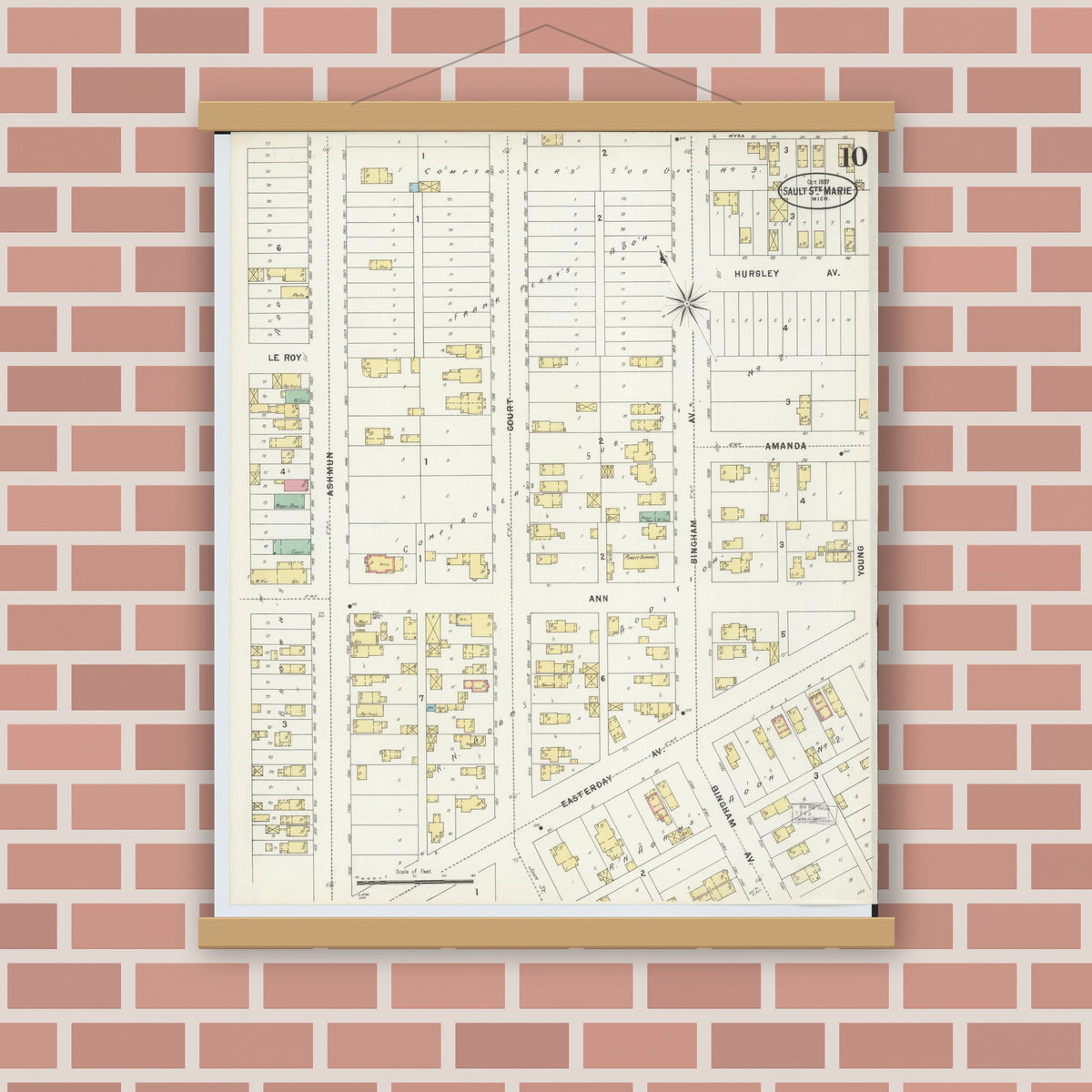 Old map wall art mockup — magnetic wood frame on brick wall — Sanborn Fire Insurance Map from Sault Sainte Marie, Chippewa County, Michigan (1897), Sheet #0010