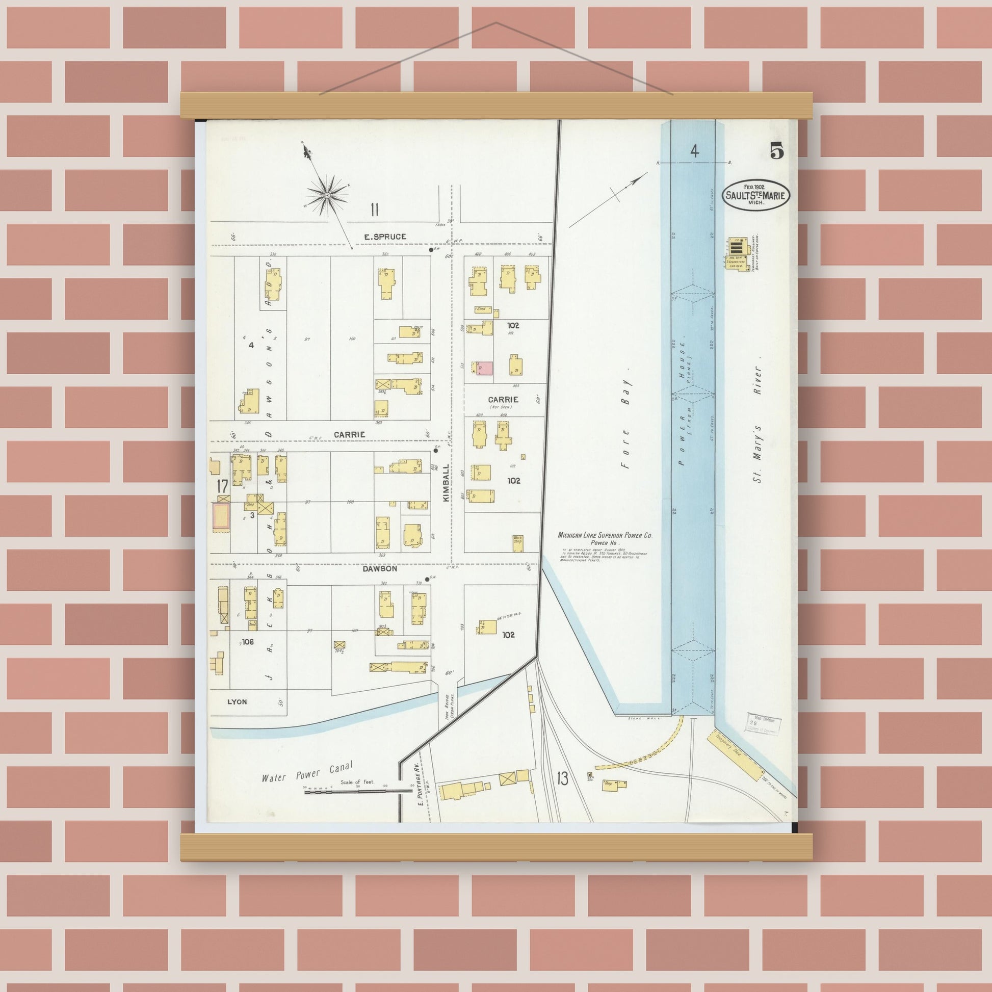 Old map wall art mockup — magnetic wood frame on brick wall — Sanborn Fire Insurance Map from Sault Sainte Marie, Chippewa County, Michigan (1902), Sheet #0005