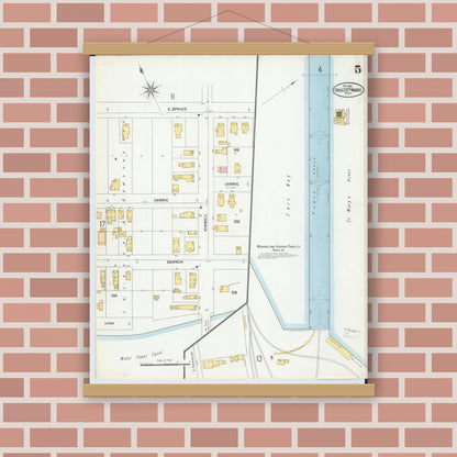 Old map wall art mockup — magnetic wood frame on brick wall — Sanborn Fire Insurance Map from Sault Sainte Marie, Chippewa County, Michigan (1902), Sheet #0005