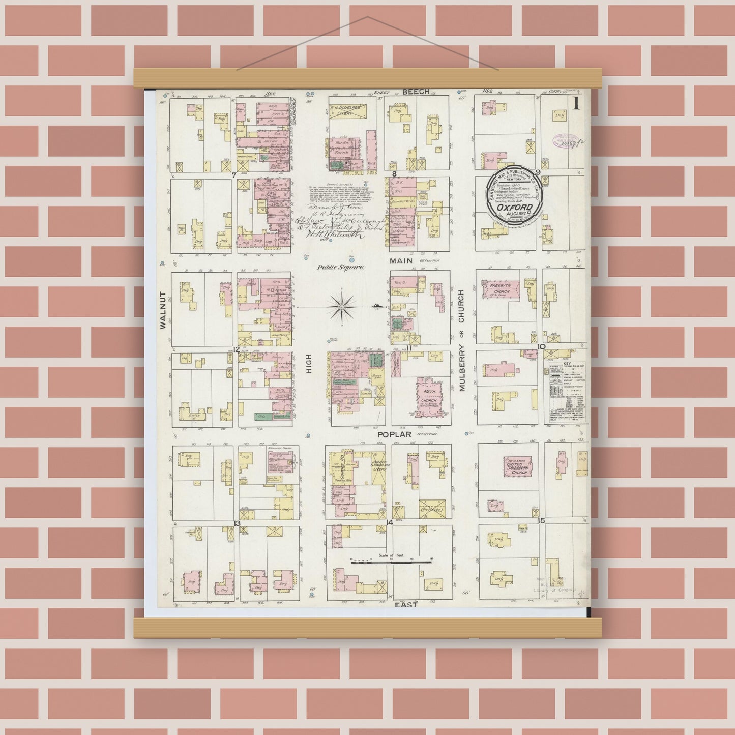 Old map wall art mockup — magnetic wood frame on brick wall — Sanborn Fire Insurance Map from Oxford, Butler County, Ohio (1887) - Complete Map Set