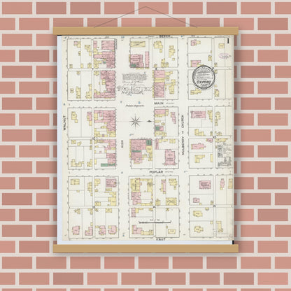Old map wall art mockup — magnetic wood frame on brick wall — Sanborn Fire Insurance Map from Oxford, Butler County, Ohio (1887) - Complete Map Set