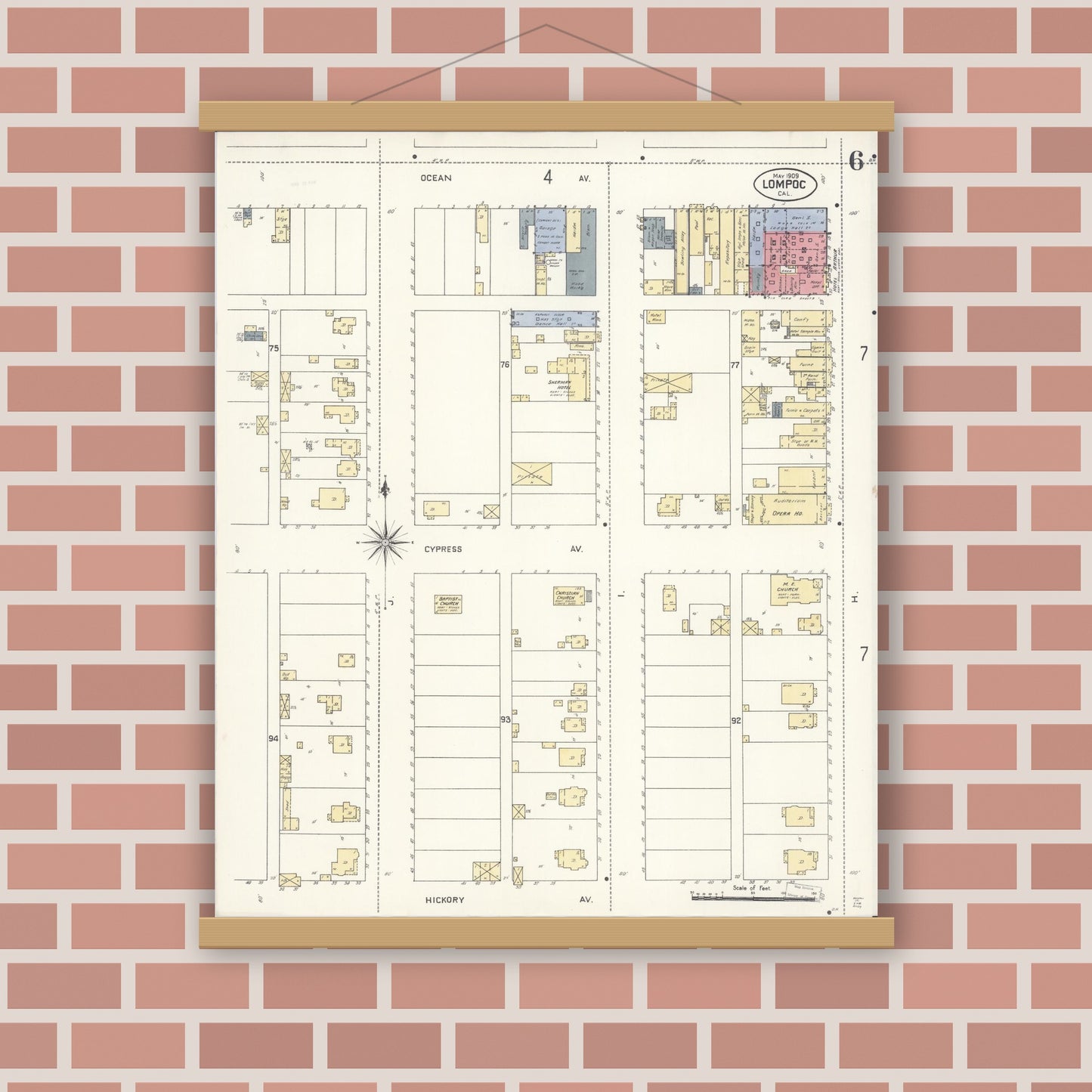 Old map wall art mockup — magnetic wood frame on brick wall — Sanborn Fire Insurance Map from Lompoc, Santa Barbara County, California (1909), Sheet #0006
