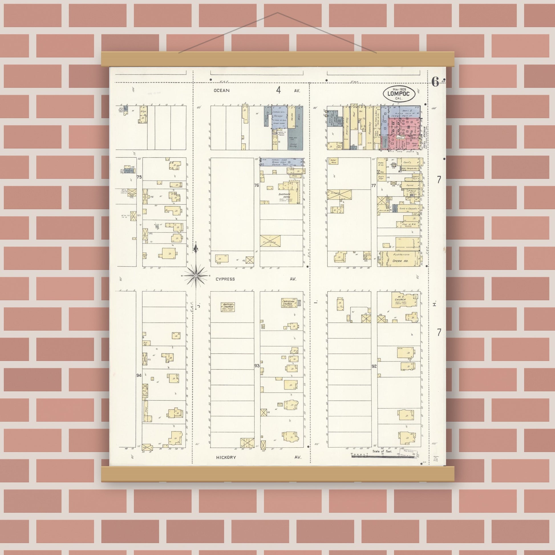 Old map wall art mockup — magnetic wood frame on brick wall — Sanborn Fire Insurance Map from Lompoc, Santa Barbara County, California (1909), Sheet #0006