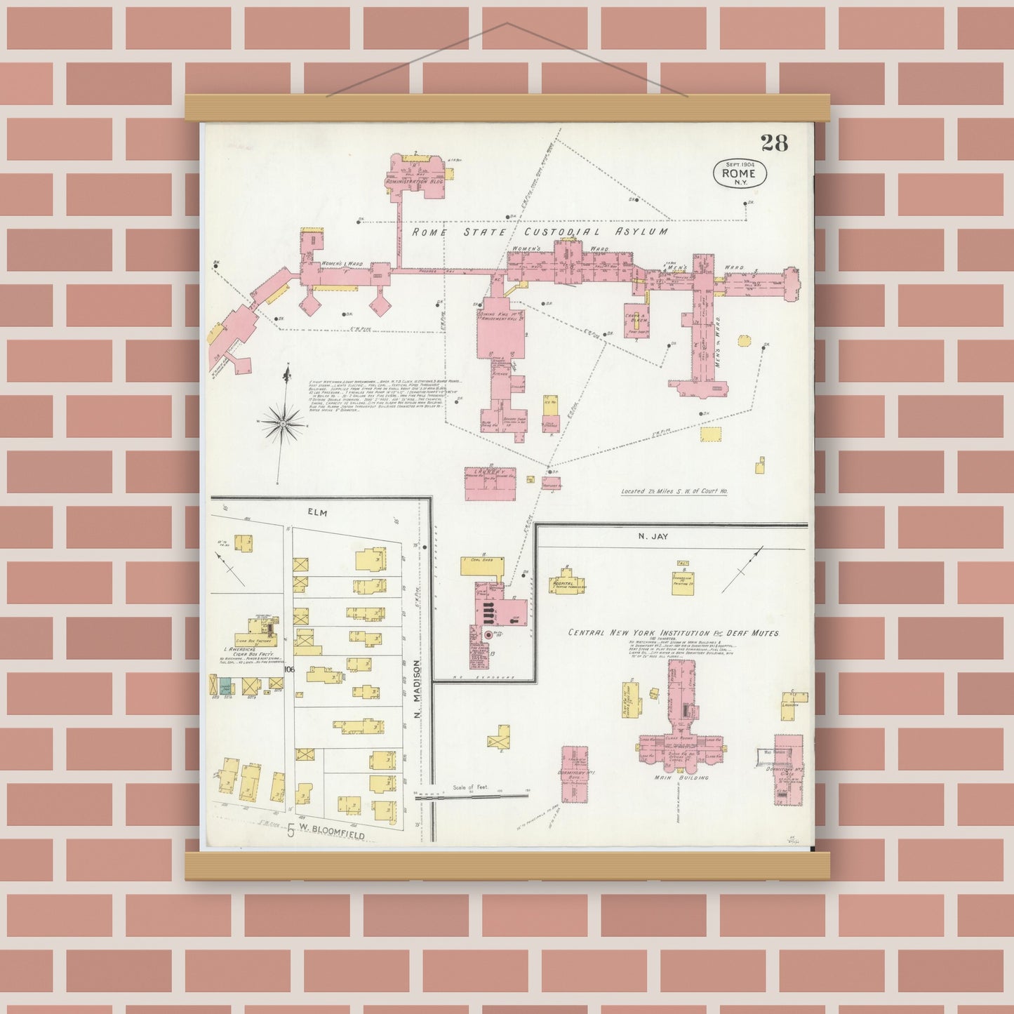 Old map wall art mockup — magnetic wood frame on brick wall — Sanborn Fire Insurance Map from Rome, Oneida County, New York (1904), Sheet #0028