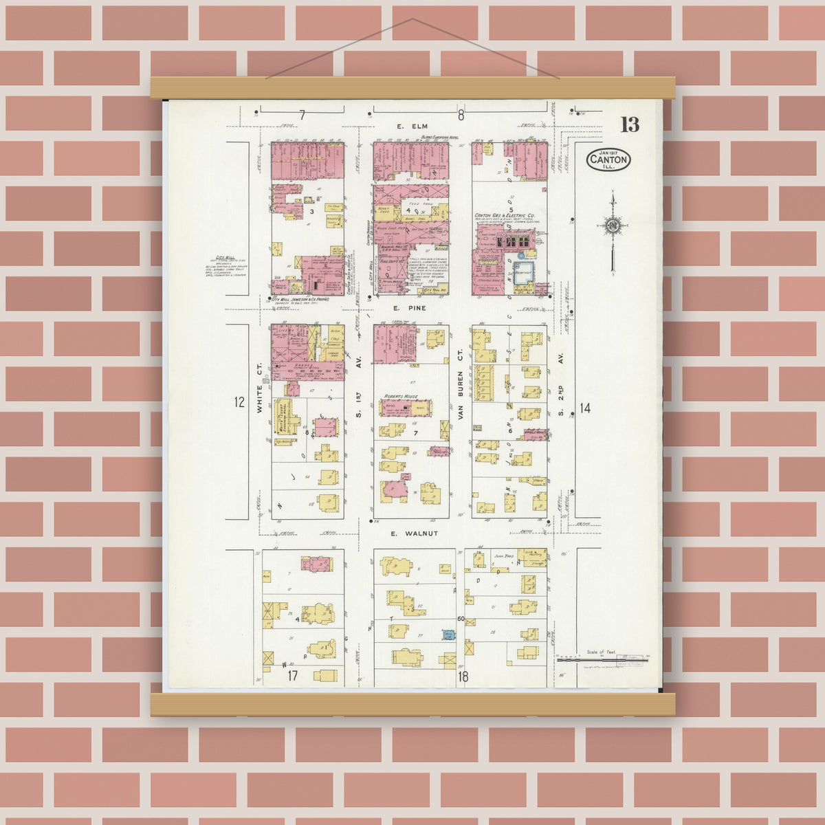 Old map wall art mockup — magnetic wood frame on brick wall — Sanborn Fire Insurance Map from Canton, Fulton County, Illinois (1917), Sheet #0013