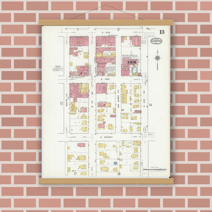 Old map wall art mockup — magnetic wood frame on brick wall — Sanborn Fire Insurance Map from Canton, Fulton County, Illinois (1917), Sheet #0013