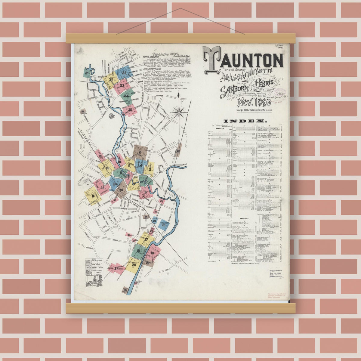 Old map wall art mockup — magnetic wood frame on brick wall — Sanborn Fire Insurance Map from Taunton, Bristol County, Massachusetts (1893), Sheet #0001