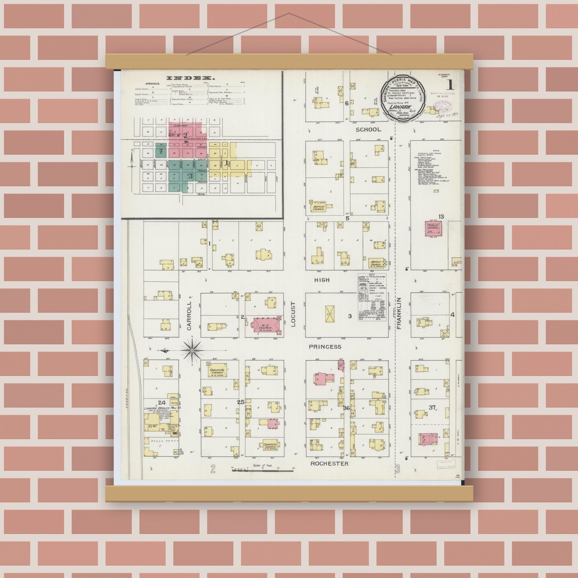 Old map wall art mockup — magnetic wood frame on brick wall — Sanborn Fire Insurance Map from Lanark, Carroll County, Illinois (1893), Sheet #0001