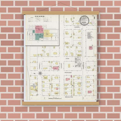 Old map wall art mockup — magnetic wood frame on brick wall — Sanborn Fire Insurance Map from Lanark, Carroll County, Illinois (1893), Sheet #0001