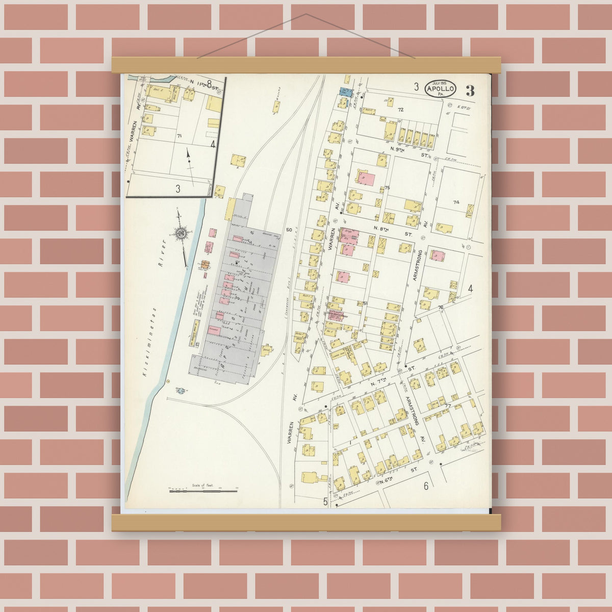 Old map wall art mockup — magnetic wood frame on brick wall — Sanborn Fire Insurance Map from Apollo, Armstrong County, Pennsylvania (1915), Sheet #0003