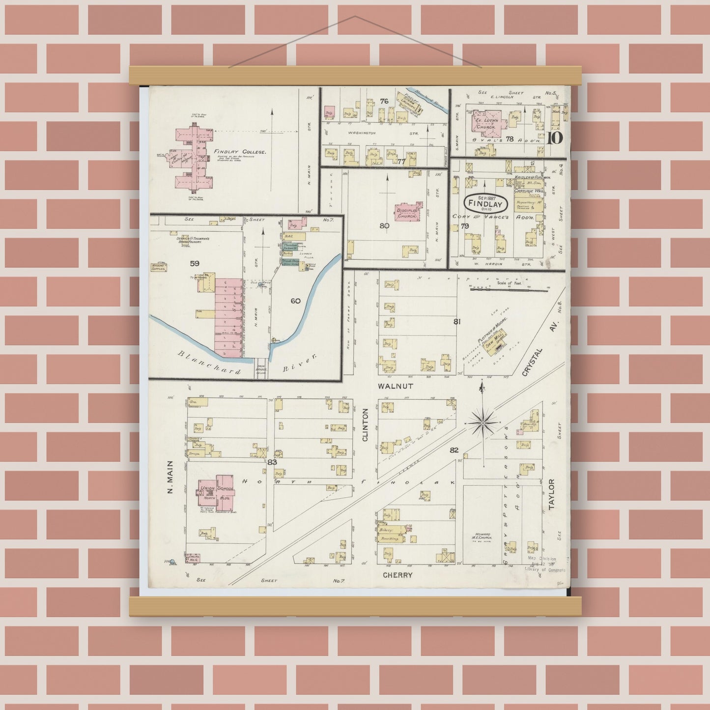 Old map wall art mockup — magnetic wood frame on brick wall — Sanborn Fire Insurance Map from Findlay, Hancock County, Ohio (1887), Sheet #0010