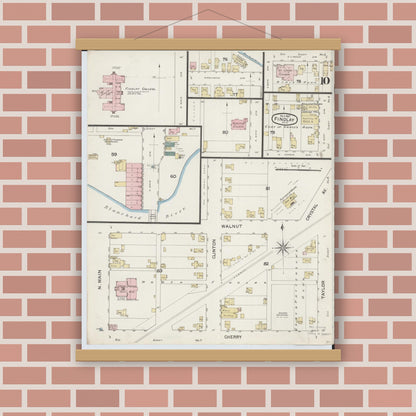 Old map wall art mockup — magnetic wood frame on brick wall — Sanborn Fire Insurance Map from Findlay, Hancock County, Ohio (1887), Sheet #0010