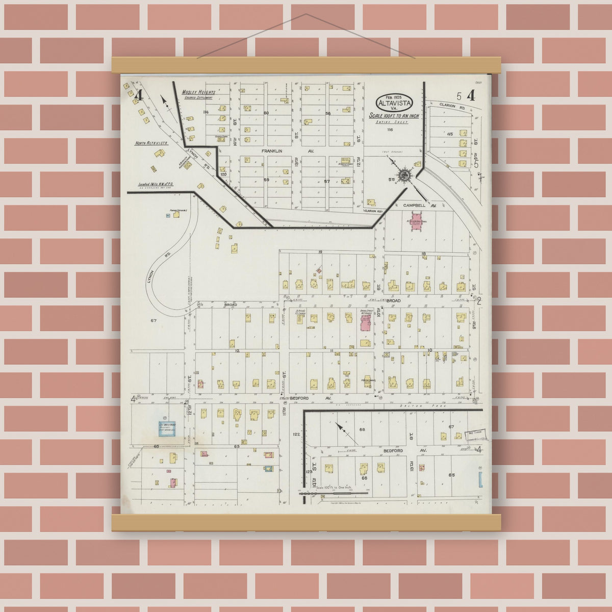 Old map wall art mockup — magnetic wood frame on brick wall — Sanborn Fire Insurance Map from Altavista, Campbell County, Virginia (1925), Sheet #0004
