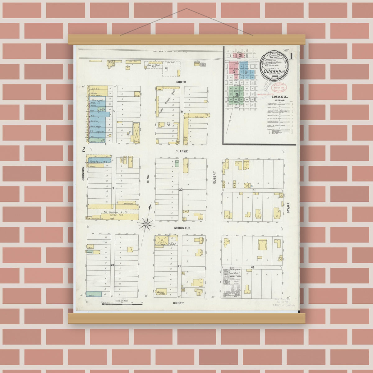 Old map wall art mockup — magnetic wood frame on brick wall — Sanborn Fire Insurance Map from Quanah, Hardeman County, Texas (1898) - Complete Map Set