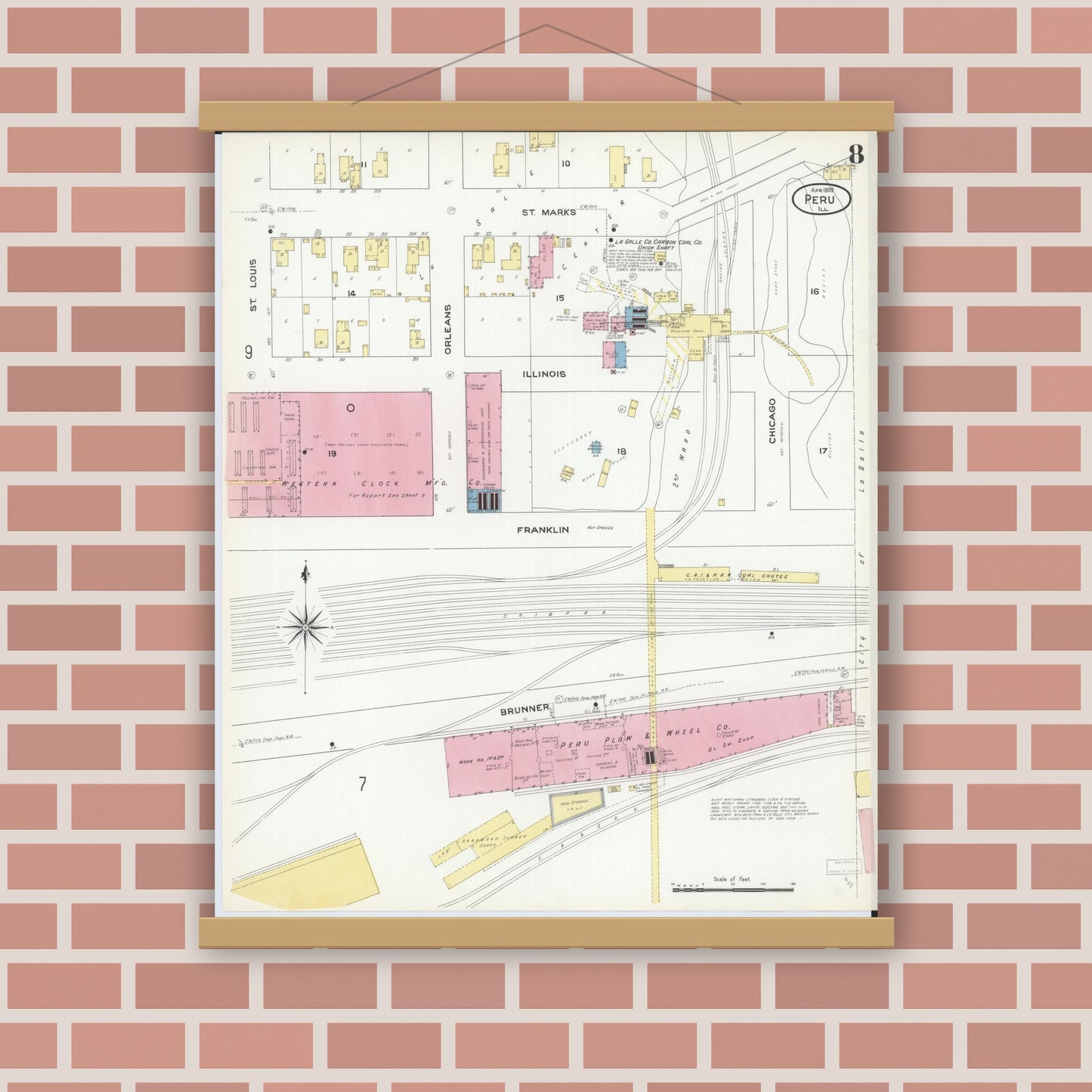 Old map wall art mockup — magnetic wood frame on brick wall — Sanborn Fire Insurance Map from Peru, La Salle County, Illinois (1909), Sheet #0008