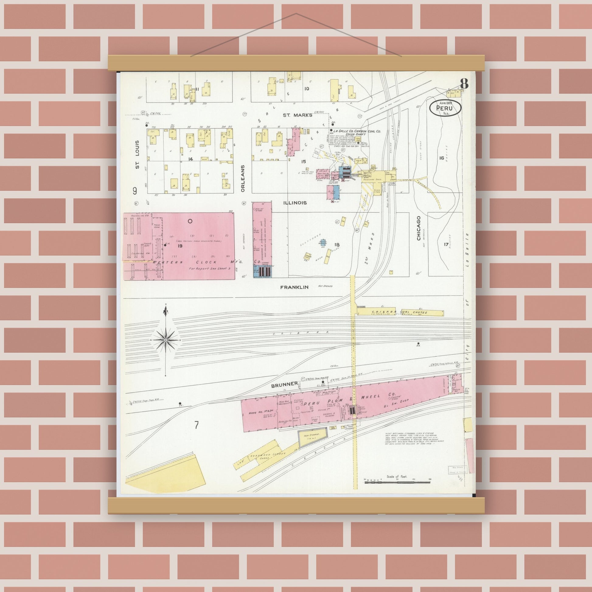 Old map wall art mockup — magnetic wood frame on brick wall — Sanborn Fire Insurance Map from Peru, La Salle County, Illinois (1909), Sheet #0008