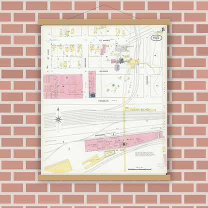 Old map wall art mockup — magnetic wood frame on brick wall — Sanborn Fire Insurance Map from Peru, La Salle County, Illinois (1909), Sheet #0008