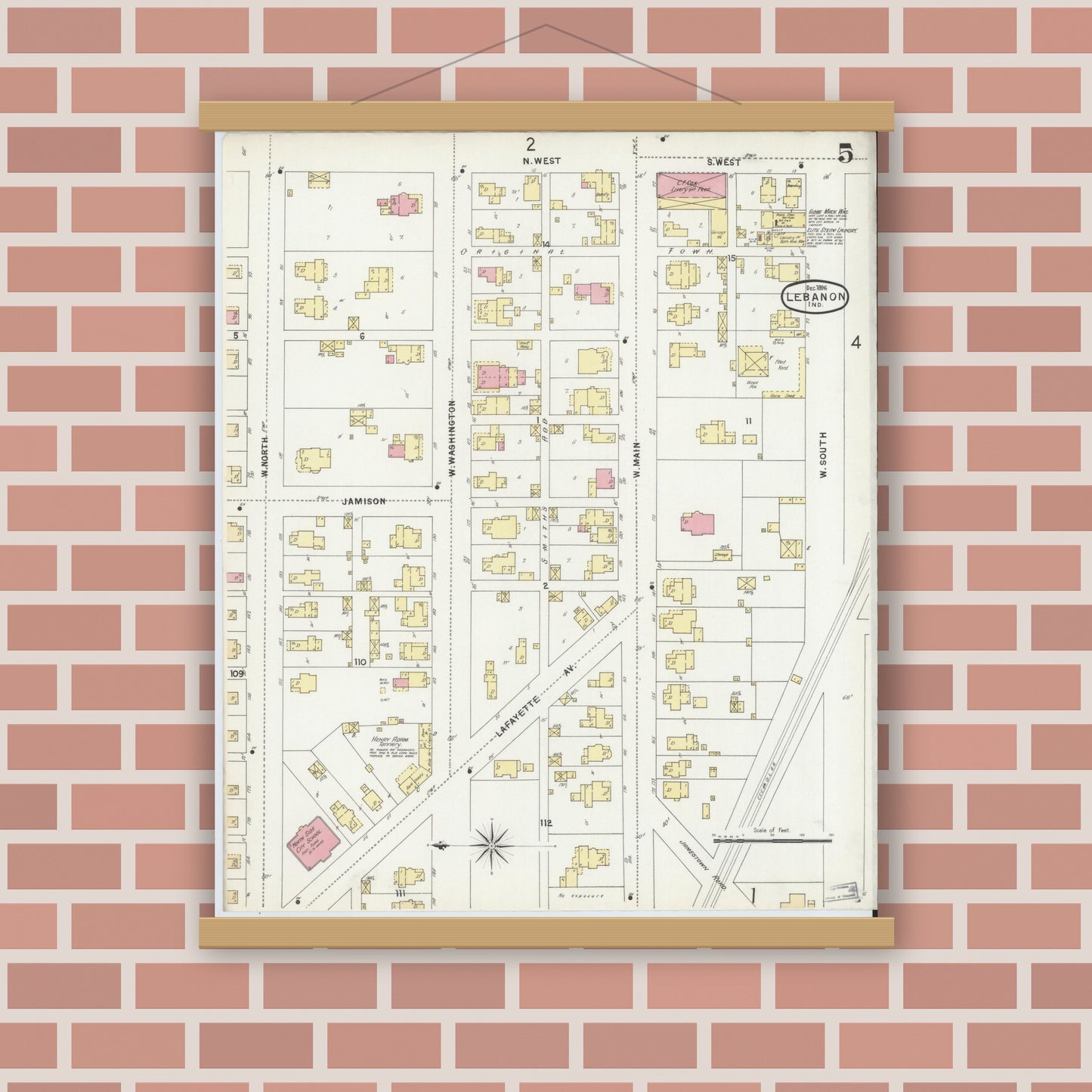 Old map wall art mockup — magnetic wood frame on brick wall — Sanborn Fire Insurance Map from Lebanon, Boone County, Indiana (1896), Sheet #0005