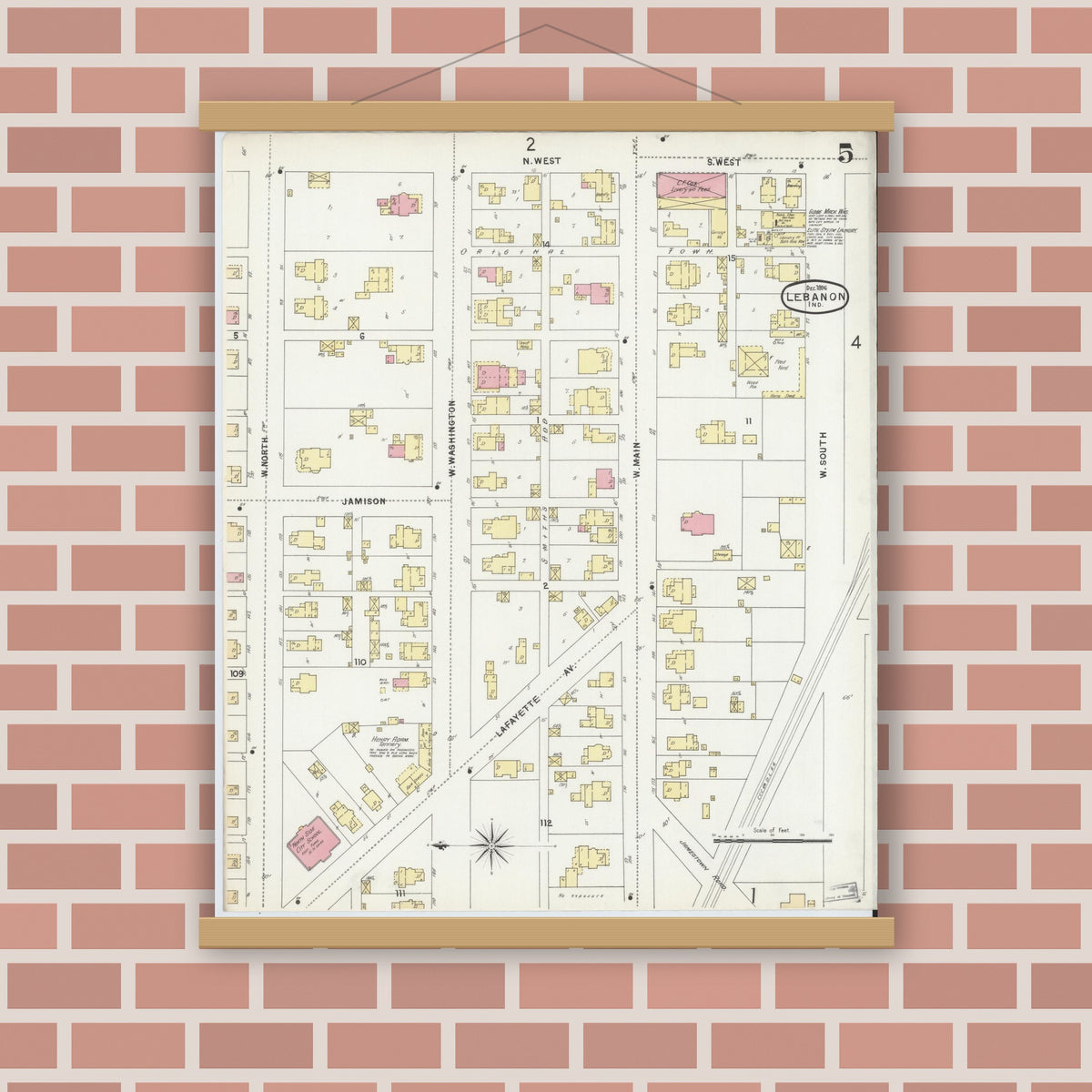 Old map wall art mockup — magnetic wood frame on brick wall — Sanborn Fire Insurance Map from Lebanon, Boone County, Indiana (1896), Sheet #0005